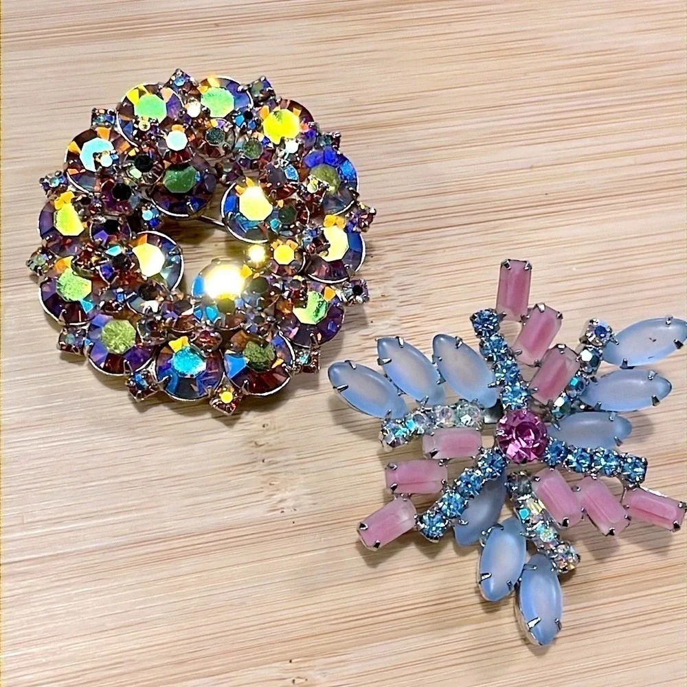 Set of 2 Antique Vintage Brooches Large Decorative Rhinestone Pins Blazer Jacket